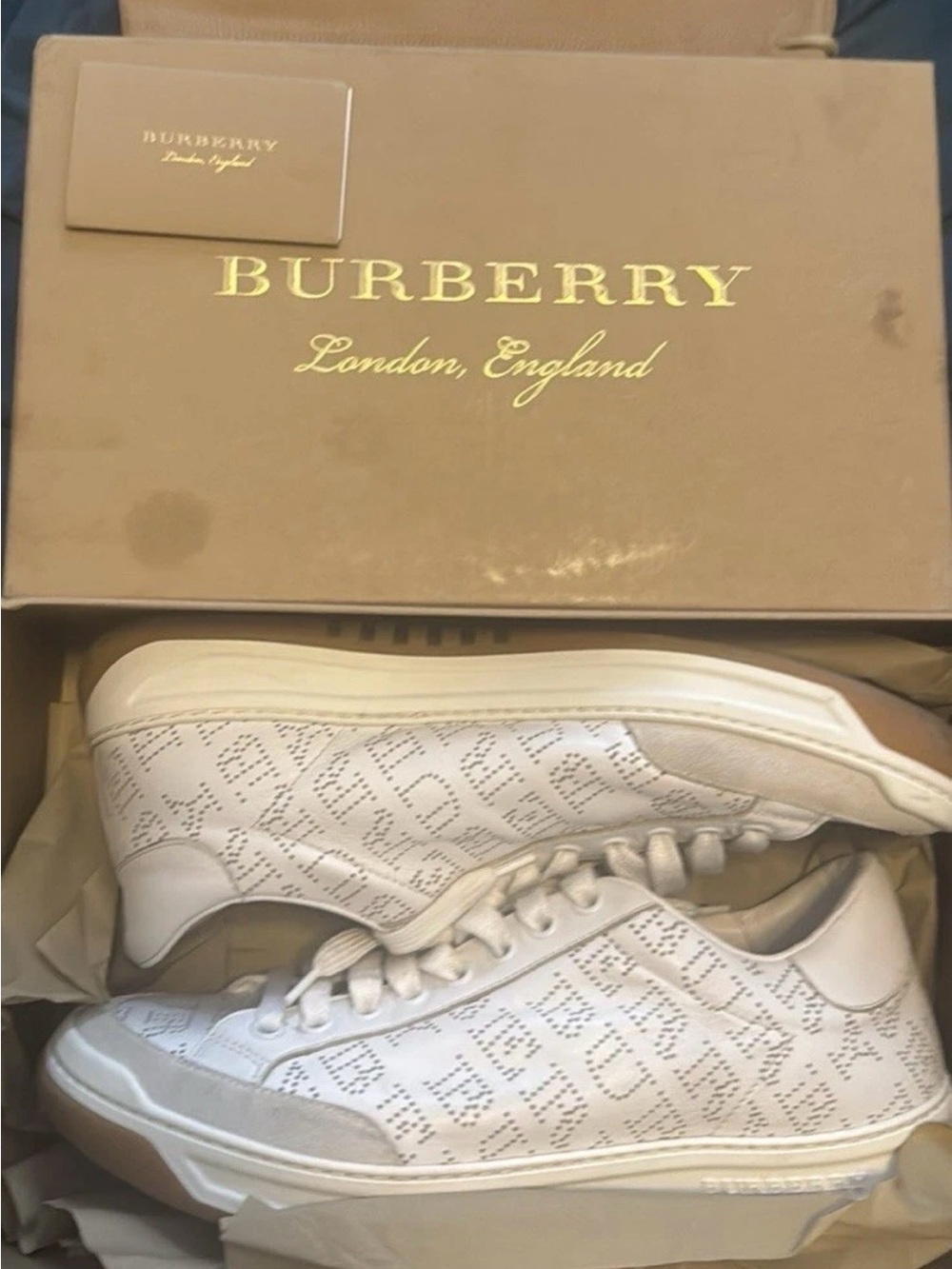 Burberry White Cream Monogram Perforated Leather Sneakers